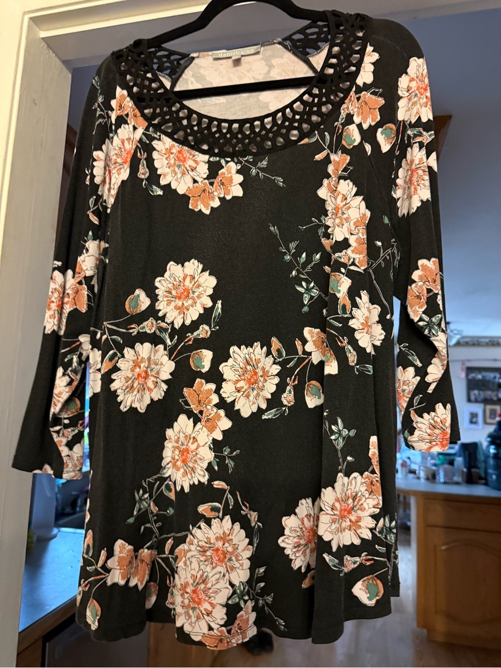 Daniel Rainn Black Blouse with Soft Peach Floral Print